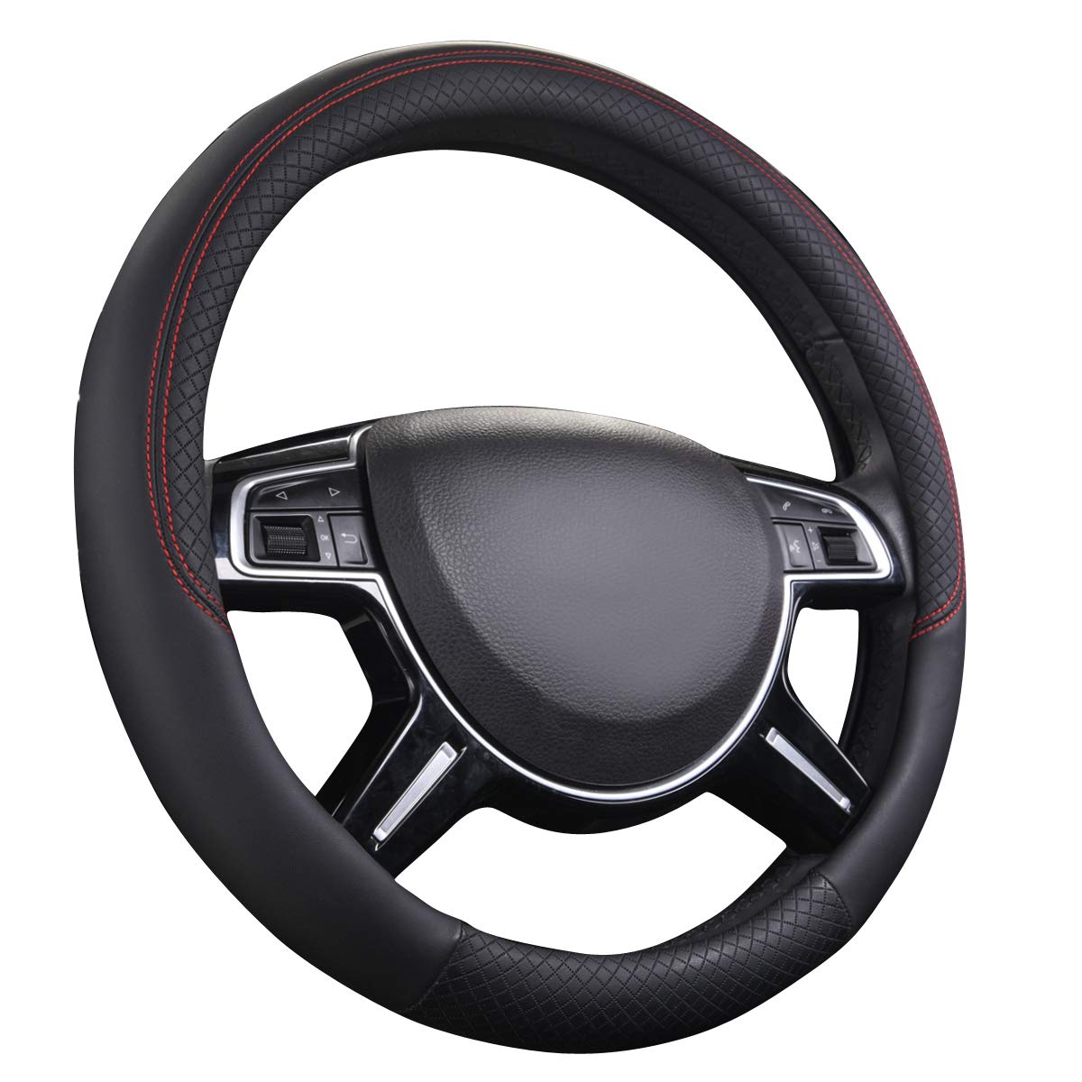 CAR PASS Rhombus Leather Universal Steering Wheel Cover, Fit for Suvs,Trucks,Cars,Sedans,Vans(Black and Black)