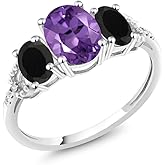 Gem Stone King 10K White Gold Oval Purple Amethyst Black Onyx and White Diamond Accent 3-Stone Engagement Ring for Women | 1.83 Cttw | Wedding Engagement Anniversary Ring For Women