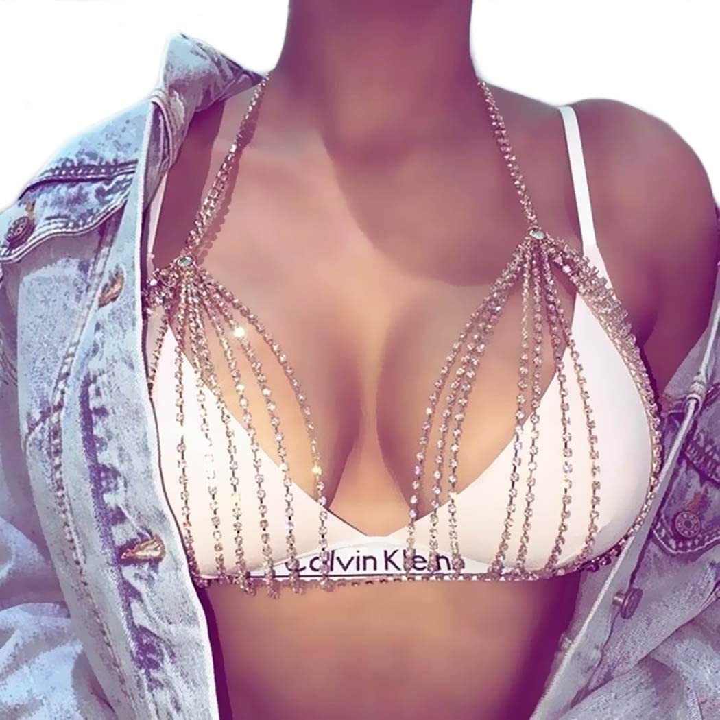 IYOU Boho Crystal Body Chain Silver Sparkly Rhinestone Chest Chains Nightclub Bikini Bra Chain Summer Beach Body Accessories Jewelry for Women