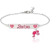 Barbie Pink ID Bracelet with Charm Official License, 7"+1" Silver Flash-Plated Bar Bracelet, Valentine Jewelry for Women