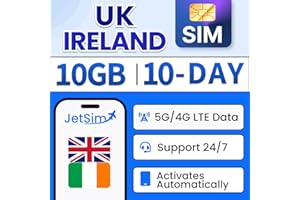 JetSim UK & Ireland SIM Card (10 Days), 10GB 5G/4G High-Speed Data, Uses Three UK Network, Travel Prepaid UK SIM Card for Can