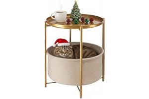 danpinera Round Side Table with Fabric Storage Basket, Metal Side Small Bedside Table Nightstand with Removable Tray Top for Living Room, Bedroom, Nursery, Bathroom, Gold