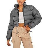 PEHMEA Women's Cropped Puffer Jacket Winter Warm Zip Up Stand Collar Short Down Bubble Coat with Pocket
