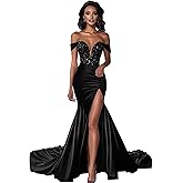 Lqdyrt Off Shoulder Satin Prom Dresses for Women Sequins Mermaid V-Neck Formal Evening Ball Gowns with Slit