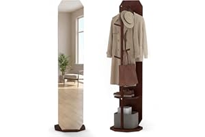 CHARMAID Swivel Full Length Mirror with Coat Rack, 65.5" Wood Floor Standing Mirror with Clothes Rod, 4 Hooks & 2 Storage She