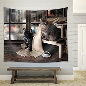 Comfortable Room with Panoramic Window. Dog and Cat Sitting at The Ladder - Fabric Wall Tapestry Home Decor - 51x60 inches