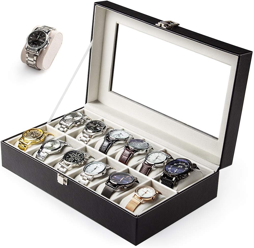 Boîte à Montres Présentoir Coffret avec 12 Compartiments Coffre à Montres avec Couvercle en