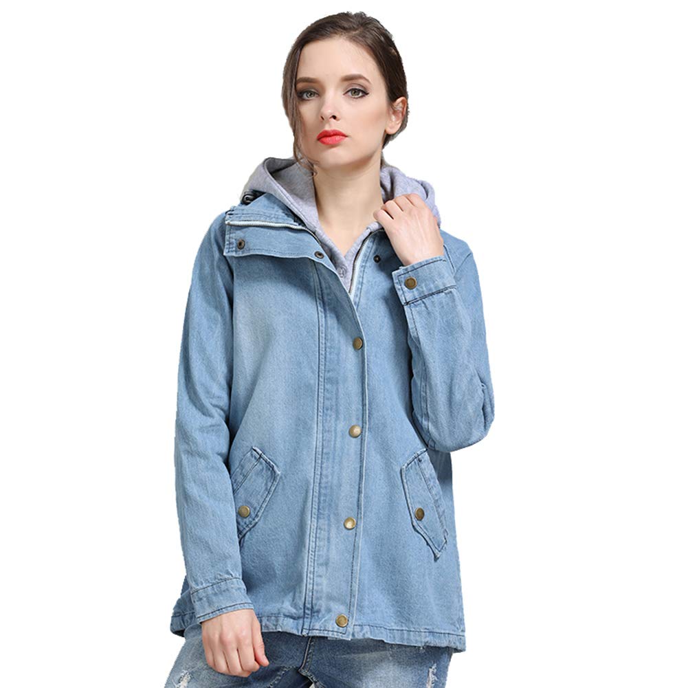 Women's Denim Jacket Hoodie Zip and Button Closure - Denim Fit