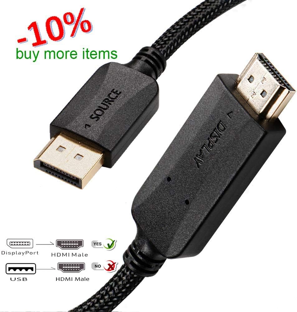 DisplayPort to HDMI Cable 6 ft, DP Display Port to HDMI Cable Adapter 6 feet Braided Male to Male Supports Video and Audio for DELL, HP, ASUS, etc: Computers & Accessories