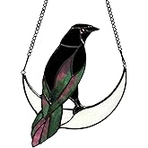 Lcensp Stained Glass Crow on Moon Decor Window Hangings Ornament, Gothic Raven Suncatcher Halloween Decorations, Handmade Crow Birds Gifts Sun Catchers Indoor Window Home Decor.