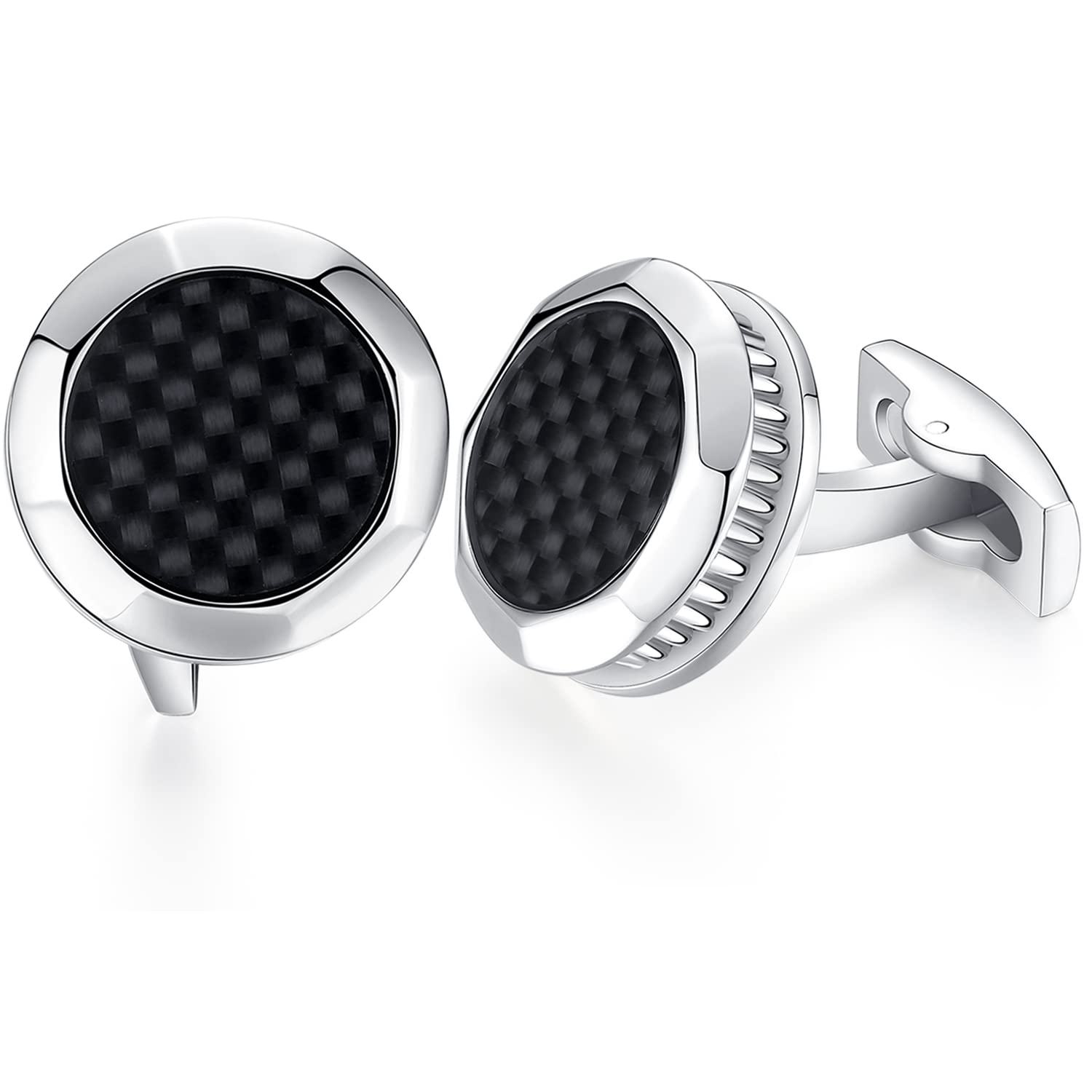 HONEY BEAR Round Lattice Cufflinks - Stainless Steel for Mens Shirt Wedding Business Gift Black
