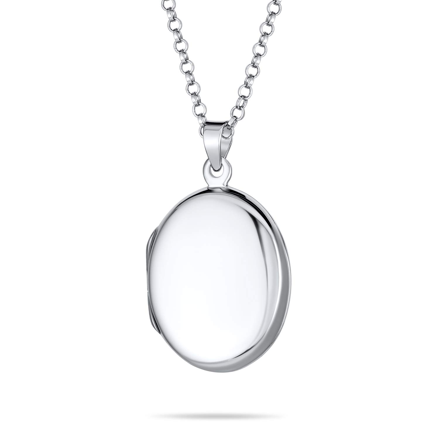 Bling Jewelry Large Petite Simple Plain Flat Oval Photo Lockets Necklace Pendant for Women and Teens That Hold Pictures Polished .925 Silver Locket