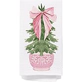 SPBL&L Chinoiserie Christmas Kitchen Towels, Pink Bow Coquette Christmas Tree Dish Towels for Kitchen Bathroom, Pink Christmas Hand Towels for Bathroom Kitchen, Grandmillennial Decor, 16x24 Inches