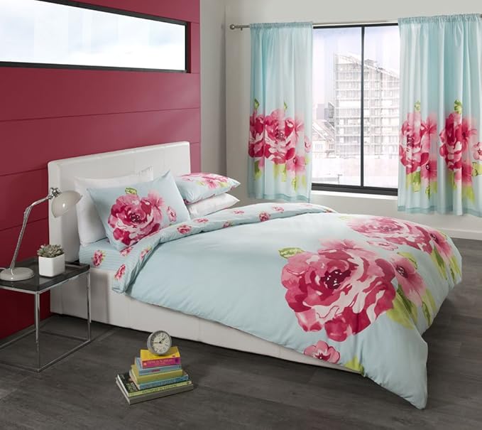 Turquoise Duvet Sets with Bold Pink Flower Print Quilt Cover Bed Set