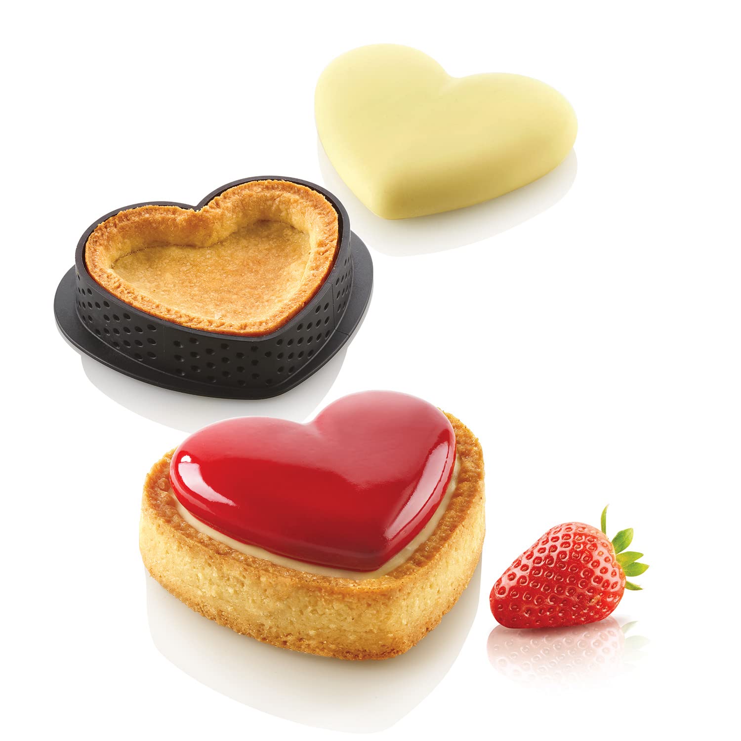 silikomart | KIT MINI TARTE PETIT AMOUR, Set with 8 Mini Microperforated Rings + Decorative Carpet, TPLUS Ring 78 x 68 h 20 mm, Decorative Silicone Mould, Heart-shaped Monoportions, Made in Italy