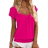 Hongqizo Womens V Neck T Shirts Cap Sleeve Summer Casual Shirts Banded-Bottom Loose Fit Basic Tops