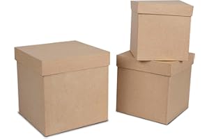 HOBBY LOBBY Square Paper Mache Boxes With Lids (Set Of 3) - Brown Kraft Paper Nesting Gift Boxes - Stackable Paper Mache Box for Custom Decoration - Square Gift Boxes With Lids for Toys, Shoes & Tools Storage