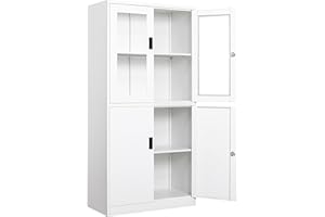 SISESOL Storage Cabinet with Doors and Shelves,Display Cabinet with Glass Doors, Freestanding Kitchen Pantry Cabinet with Glass Doors and Shelves for Home Office, Pantry,Kitchen Bathroom
