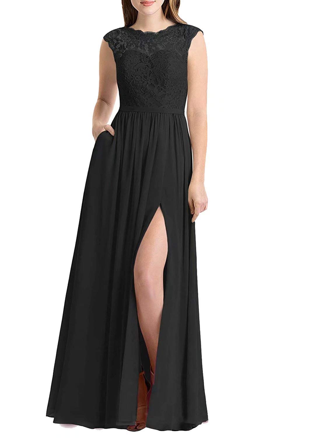 Lace Chiffon Split Bridesmaid Dresses with Pocket Long