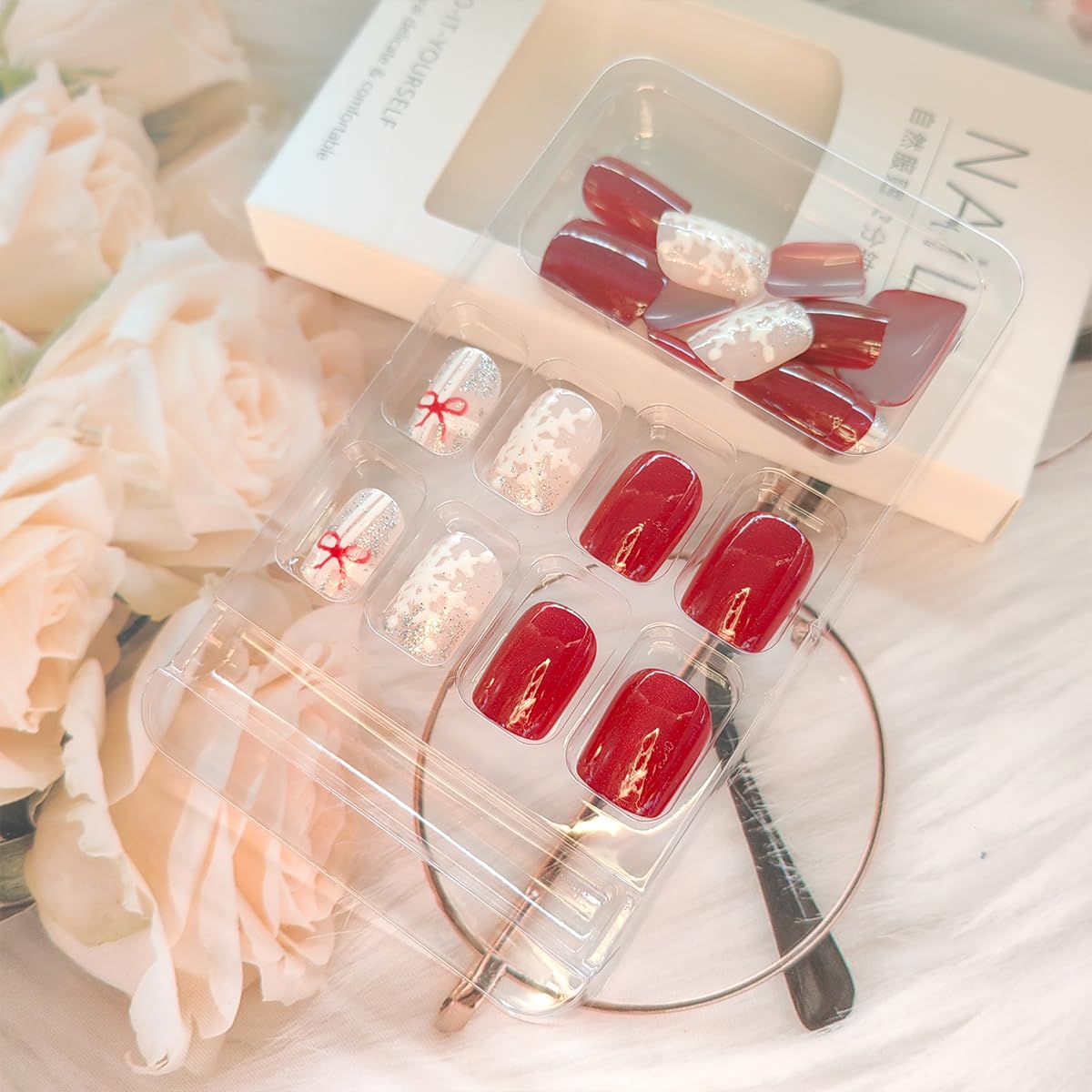 24Pcs Christmas Press on Nails Short Coffin Fake Nails Red Bow Charm Design Cute Christmas Nails Glossy Red False Nails Silver Glitter Snowflake Glue on Nails Winter Artificial Nails for Women DIY - Image 3