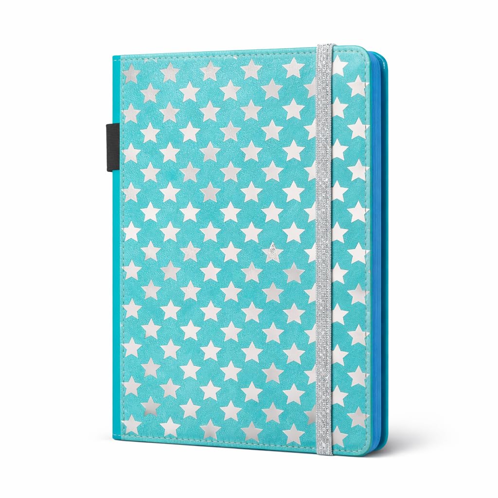 EJRange Notebook A5 Lined Note Pad- Padded Wipe Clean Cover Ruled Journal Notebooks Stationary, 192 Pages, Stars Design(Turquoise)