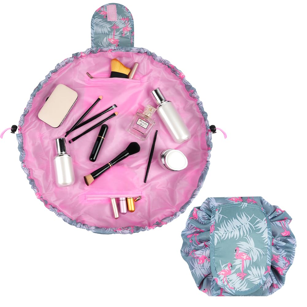 URAQT Lay Flat Drawstring Makeup Bag, Large-Capacity Travel Cosmetic Pouch, Portable Quick Pack Lazy Make Up Bag for Daily Use, Magic Cosmetic Bag with Small Pocket