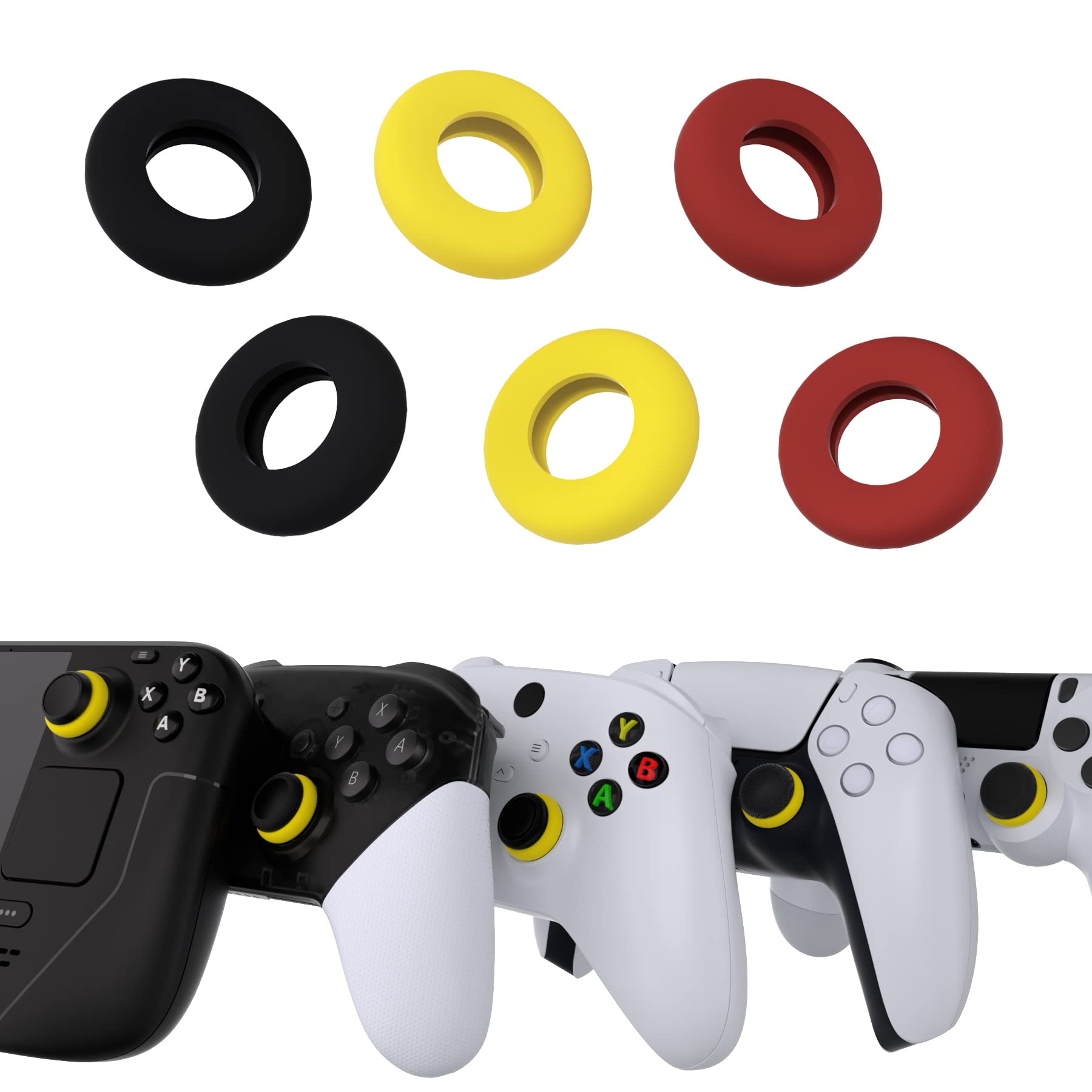 PlayVital 6 Pack Silicone Precision Rings for PS5, for PS4, for Xbox Series X/S, Xbox One, Xbox 360, for Switch 2 Pro, for Steam Deck - Aim Assist Target Motion Control, Red & Black & Yellow