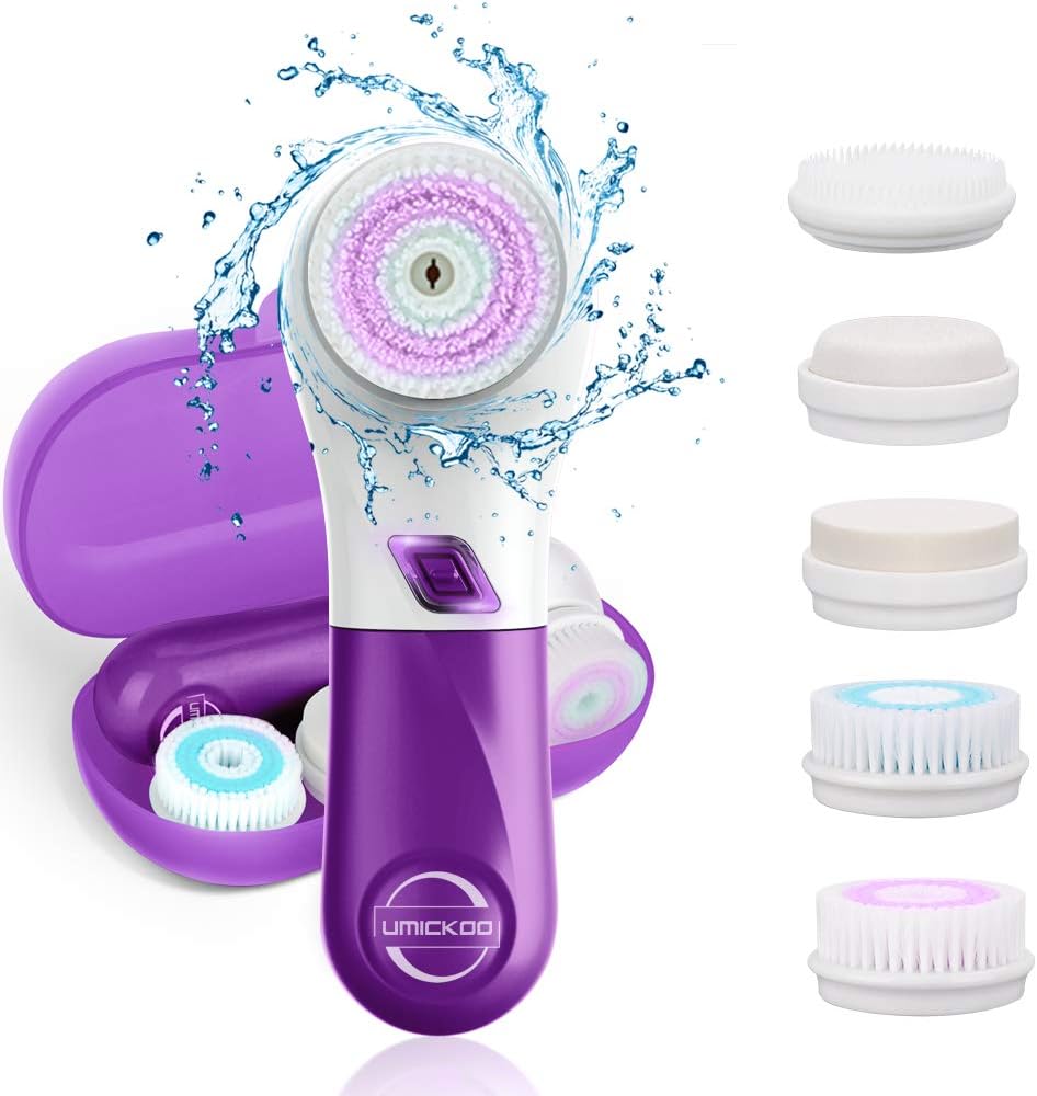 UMICKOO Facial Cleansing Brush with 5 Face Brush Heads,Waterproof Spin Cleansing System and Gentle Exfoliating for All Skin Types(Purple)
