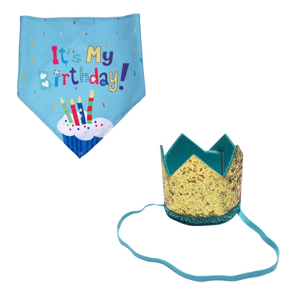 YOFASEN Dog Birthday Bandana Hat Set - Washable Pet Triangle Scarf Bibs Dog Kerchief Neckerchief with Crown Birthday Hat for Pets Dogs Cats