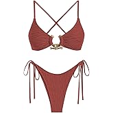 ZAFUL Women's Bikini Sets Ribbed Metal O Ring Criss Cross Two Piece Swimsuit Cheeky High Cut Side Tie Thong Bathing Suit