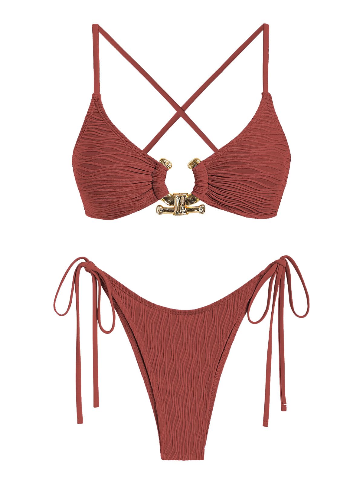 Photo 1 of ZAFUL Womens Chic Bikini Swimsuits Sexy Ribbed 2 Piece Bathing Suit Metal O Ring High Cut Cheeky Swimwear Rust L