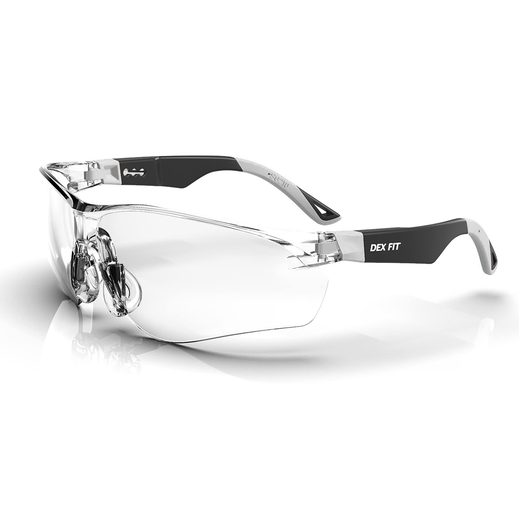 DEX FIT Safety Glasses SG210 - Anti-Fog & Scratch Resistant, EN166 Certified, Adjustable Temples & Non-Slip Grip, UV Protection, Clear Lens PPE for Construction, Lab & Medical; Black & Gray, 1 PC