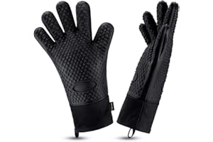 Comsmart BBQ Gloves, Heat Resistant Silicone Grilling Gloves, Long Waterproof BBQ Kitchen Oven Mitts with Inner Cotton Layer for Barbecue, Cooking, Baking, Smoker(Black)