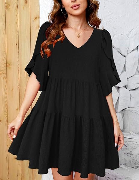 SEBOWEL WOMEN CASUAL SHORT SLEEVE V NECK PLEATED RUFFLE SHORT TIERED DRESS FLOWY MINI PARTY DRESS LOOSE SWING DRESS, BLACK, L