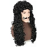Lucoacos Black Long Curly Pirate Wig and Moustache Halloween Cosplay Costume Wig