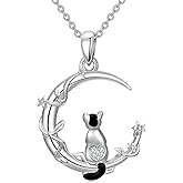 LWXIE Diamond Cat Necklace for Women 925 Sterling Silver Cat on Moon Pendant with Lab Grown Diamond Cute Animal Jewelry Gift for Her
