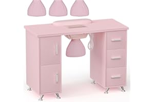 DeerDean Pink Manicure Table Nail Desk with Dust Collector Sturdy Nail Table Station with Drawers & Wrist Cushion & Cabinets for Beauty Spa