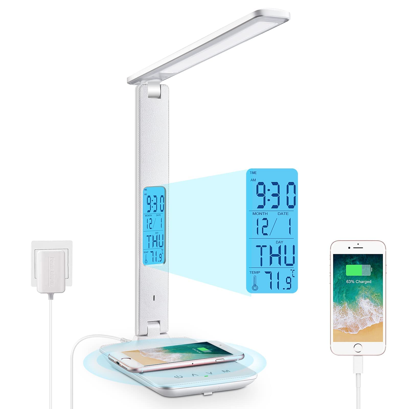 LAOPAO LED Desk Lamp with 10W Wireless Charging and USB Charging Port, 3 Colour Temperatures, 5 Brightness Levels,Touch Control, Time,Temperature,Clock Function for Home Office [White] — image 1