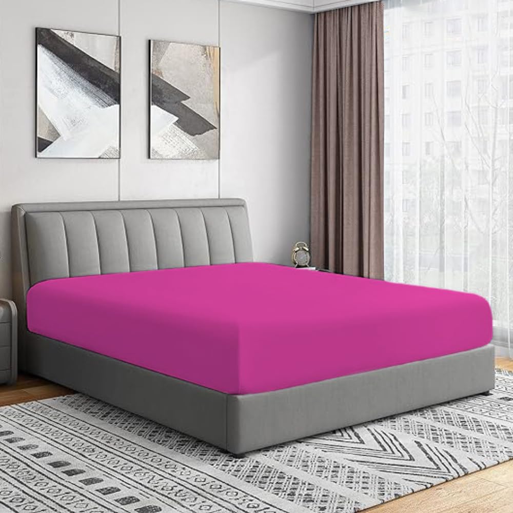 Bottom Fitted Sheets Stretches Up to 25cm Deep Mattress Pocket 100% Pure Egyptian Cotton 200 Thread Count Fitted Bedsheet Soft & Comfortable Hotel Quality Bottom Sheets (Fuchsia, Single)