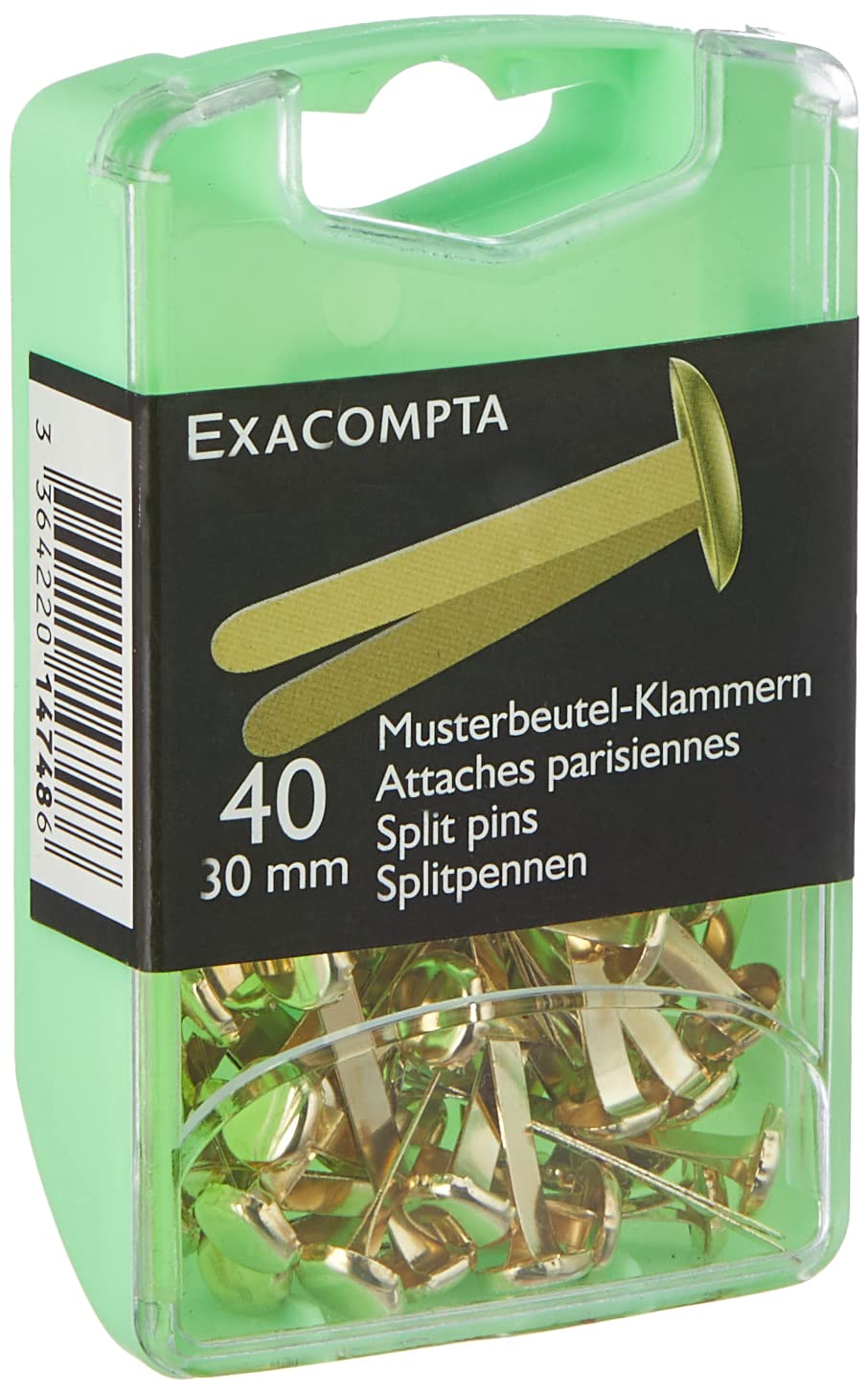 Exacompta - Ref 14748E - Large Gold Split Pins (Pack of 40) - 30mm Clips, Made from Metal - Suitable for Temporarily Binding Documents Without Damaging Them