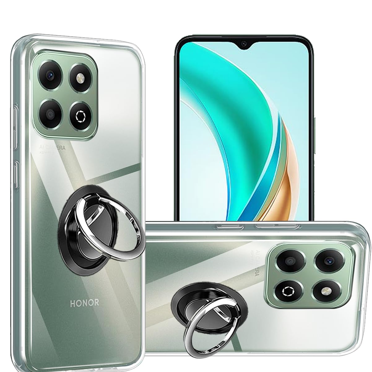 HuiYouMY 2-in-1 Case + Phone holder Ring Compatible with HONOR X6b Cover for HONOR X6b, Slim Fit Soft TPU Shockproof Anti-Scratch Phone Case Cover - Clear
