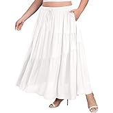 Moon Wood Plus Size Boho Maxi Skirts for Women Long Flowy High Waisted Tiered A-Line Skirt with Pockets Beach Summer Causal
