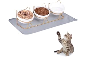 Trosetry Cat Bowls Set of 3, Ceramic Raised Cat Food Bowl with Pet Food Mat Elevated 15°Tilted Kitten Drink Bowl Gold Stand for Food and Water Anti Vomiting Dish for Indoor Cats Puppy and Small Dogs