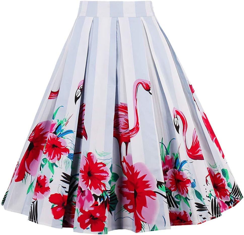 Dressever Women's Vintage A-line Printed Pleated Flared Midi Skirts