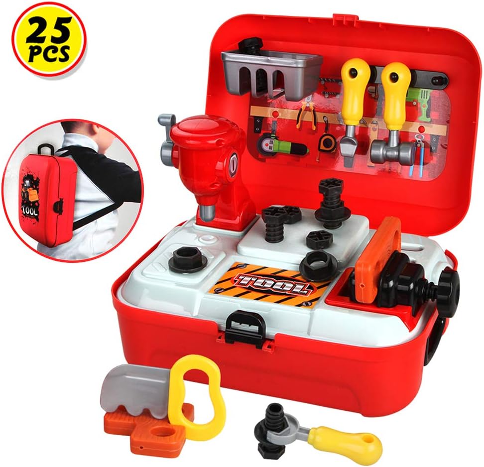 HERSITY 25PCS Tool Kit Toys with Backpack Construction Building Set Pretend Workbench for Children Kids Boys