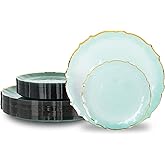 Lullaby 100pcs Translucent Green Plastic Plates with Gold Rim, Fancy Lace-Edged Disposable Plates include 50pcs Dinner Plate 10”, 50pcs Dessert Plate 7”, Perfect for Party, Wedding, Holiday