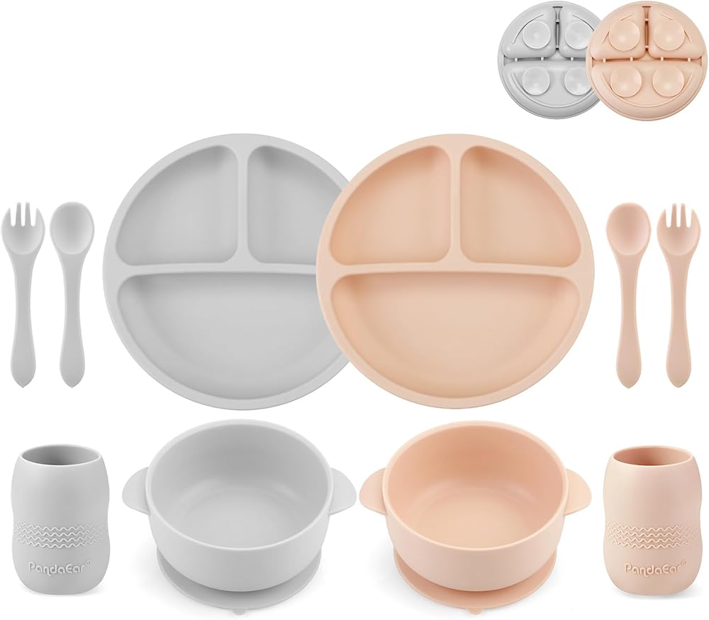 PandaEar Silicone Feeding Set 2 Divided Plates 2 Bowls 2 Tiny Cups Pink Gray