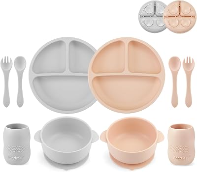 PandaEar Silicone Feeding Set 2 Divided Plates 2 Bowls 2 Tiny Cups Pink Gray