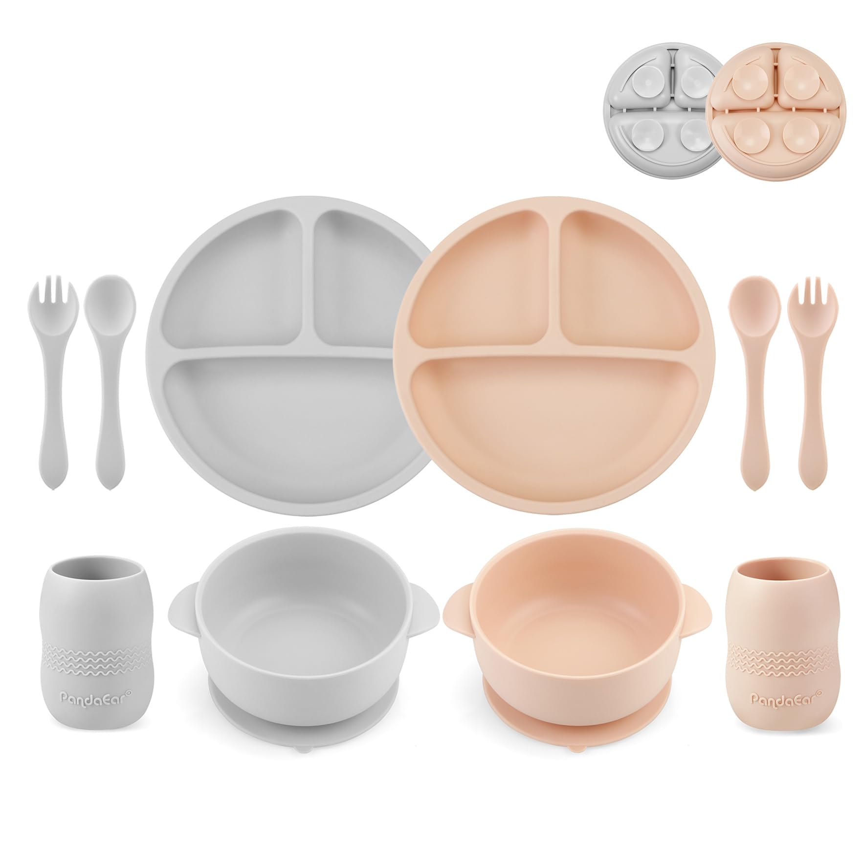 PandaEar Silicone Feeding Set | 2 Divided Suction Plates + 2 Suction Bowls + 2 Tiny Sippy Cups With 2 Spoons | Baby Led Weaning Supplies Self Feeding Utensils (Pink Gray)