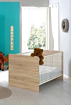 Kinderbett Babybett komplett Set ELISA inkl. Lattenrost 70 x 140 cm höhenverstellbar, in Eiche Sonoma / weiß - umbaubar zum J